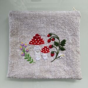 Handmade Embroidered Linen Zipper Pouch with Toadstool Mushrooms, Strawberries